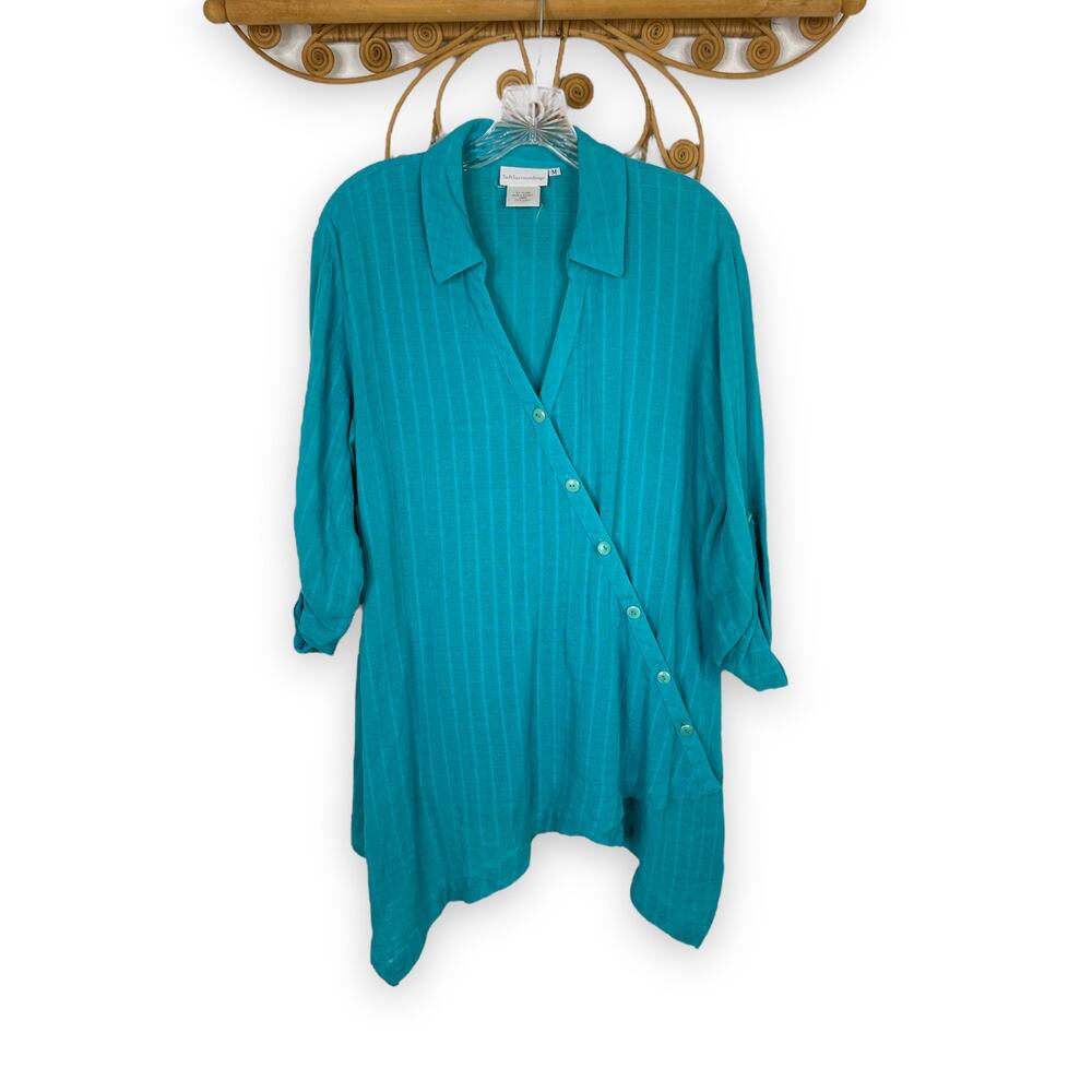 Soft Surroundings turquoise blue shark bite hem cotton shirt M